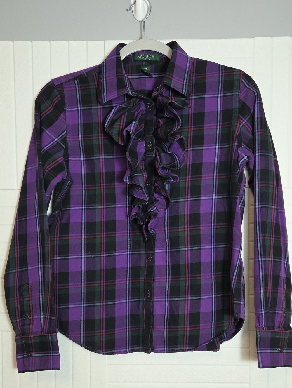 Lauren Ralph Lauren 100% Cotton Ruffle Front Flannel Purple Shirt Size M Petite